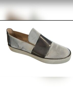 Stuart Weitzman SZ 9.5 LT. Gray Velvet With Gunmetal Band Slip On Sneaker Flat